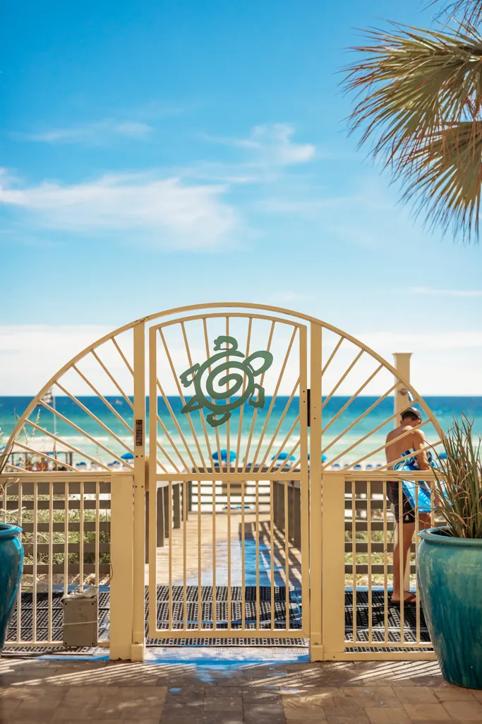 Turtle beach gate on the deck with the Gulf beyond