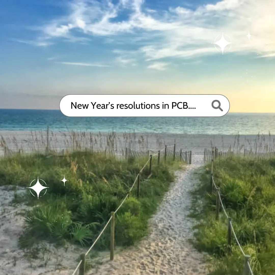 Beach path through the dunes with a New Year’s resolutions search bar graphic
