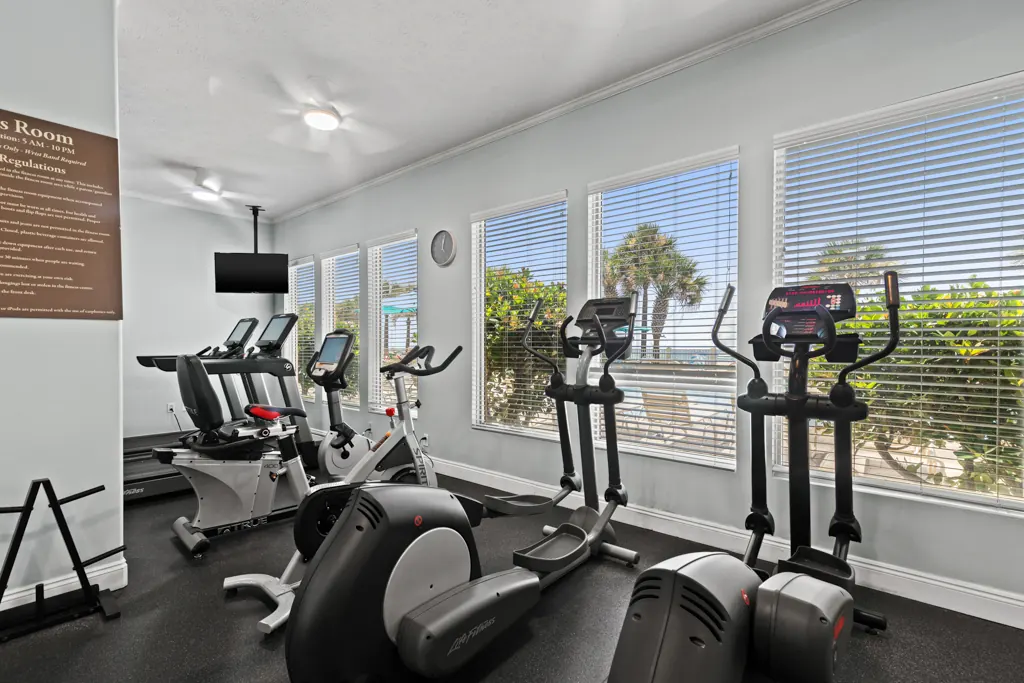 Cardio machines in the fitness center with windows to the palms