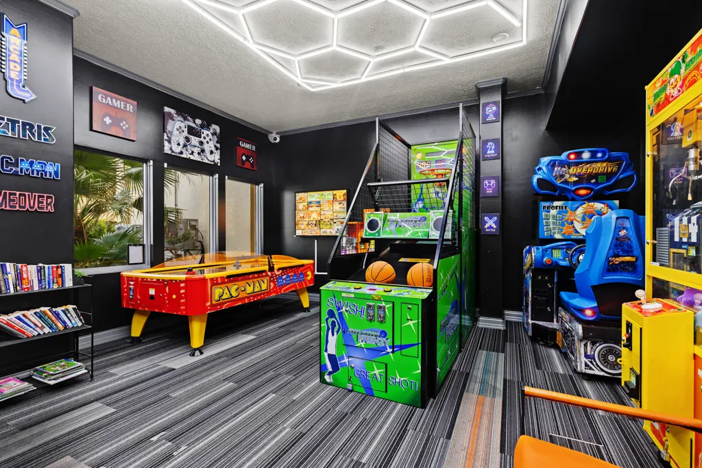 Gulf Crest game room with arcade basketball, air hockey and arcade games