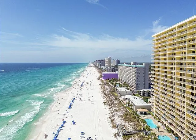 Panama City Beach shoreline and beachfront towers seen from above