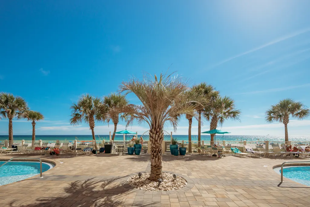 Pool deck with a palm tree centerpiece between the pools, the Gulf on the horizon