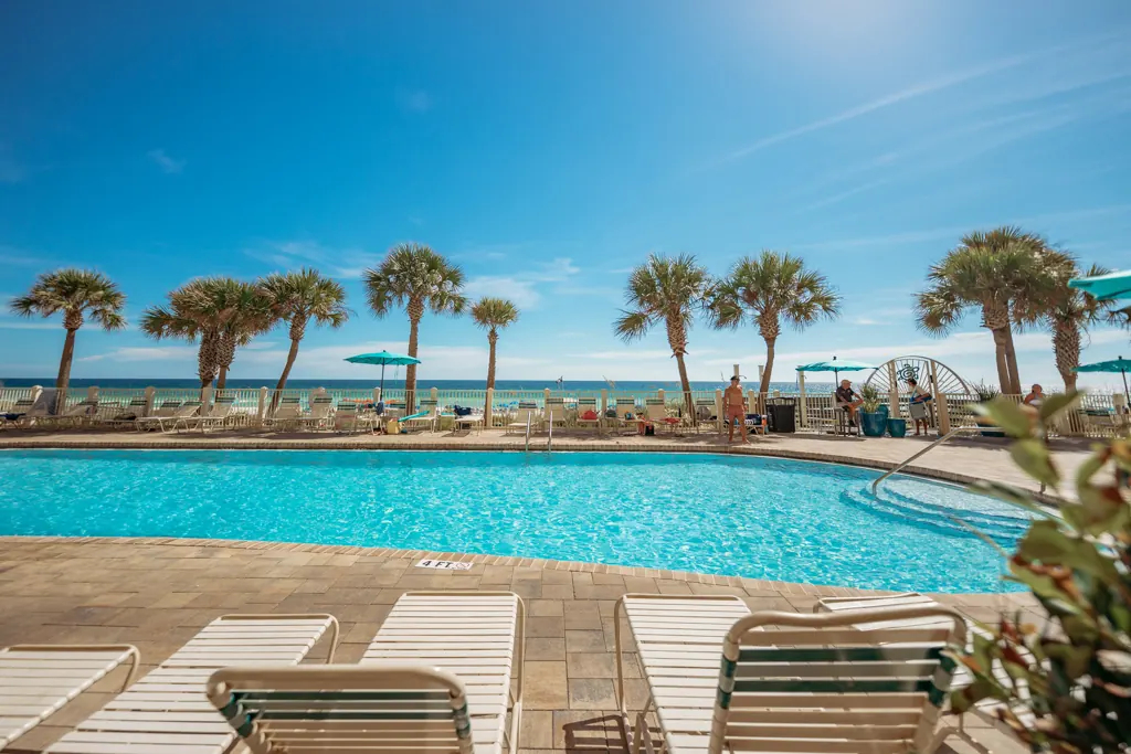 Large outdoor pool lined with palm trees and lounge chairs, with the Gulf of Mexico behind